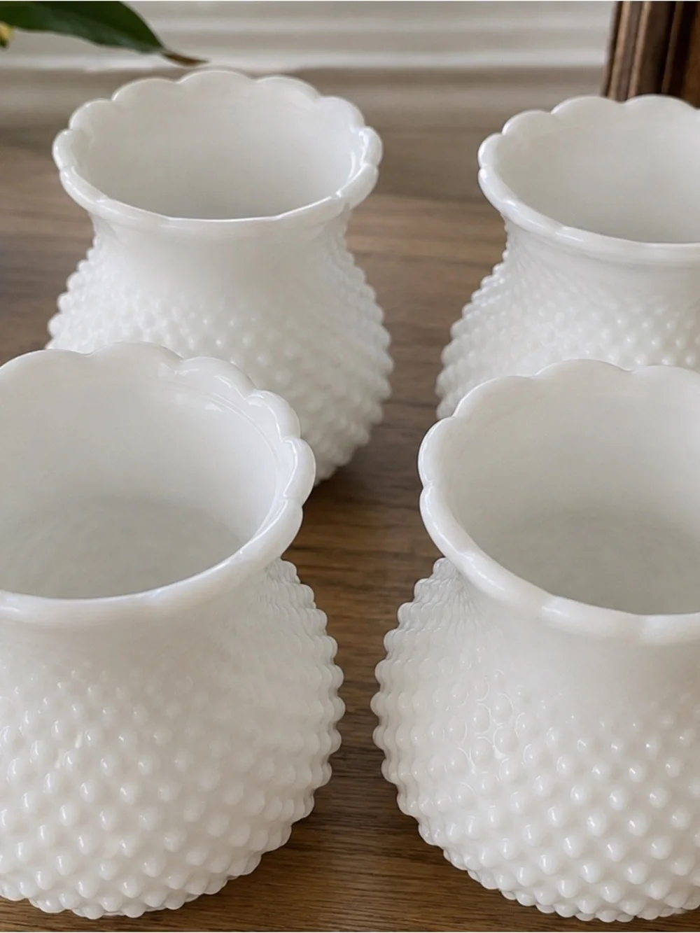 Set of 4 Vintage White Milk Glass Hobnail Lamp Shades Globes Scalloped Rim